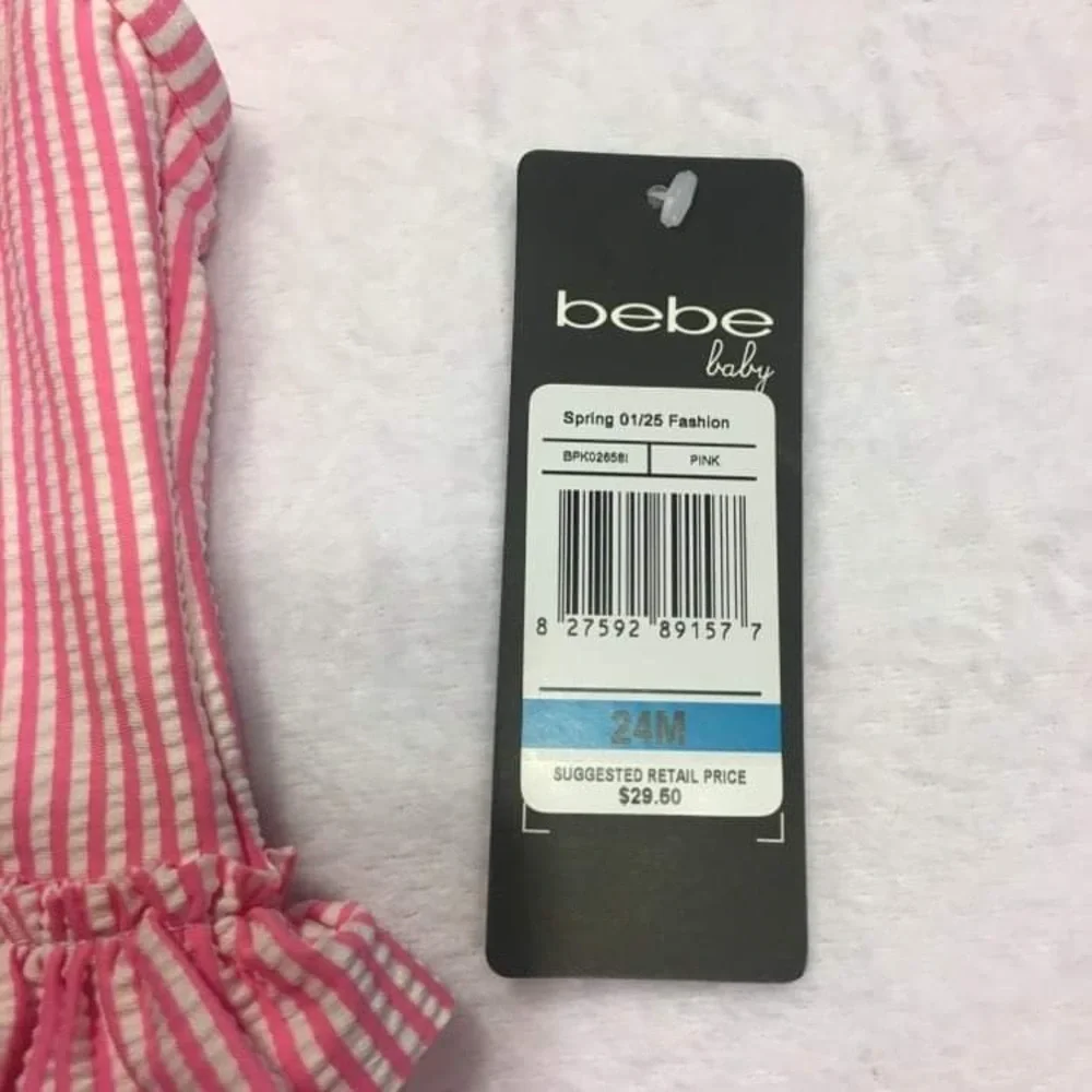 Bebe Swimsuit Baby‎ Girls 12M Pink New Seersucker Sequin Ruffle One Piece